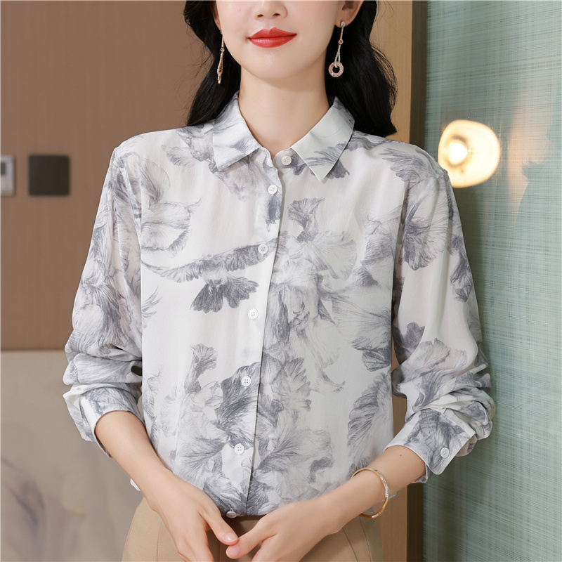 Printing silk tops ink light luxury shirt for women