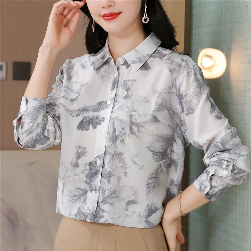 Printing silk tops ink light luxury shirt for women
