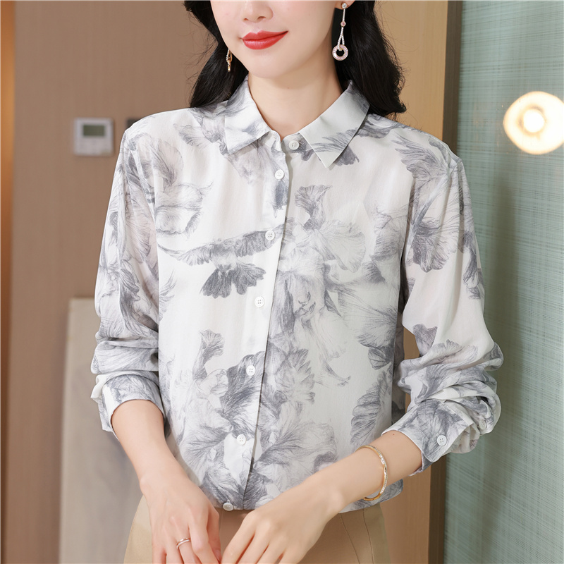Printing silk tops ink light luxury shirt for women