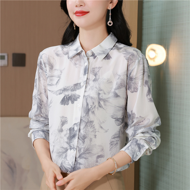Printing silk tops ink light luxury shirt for women