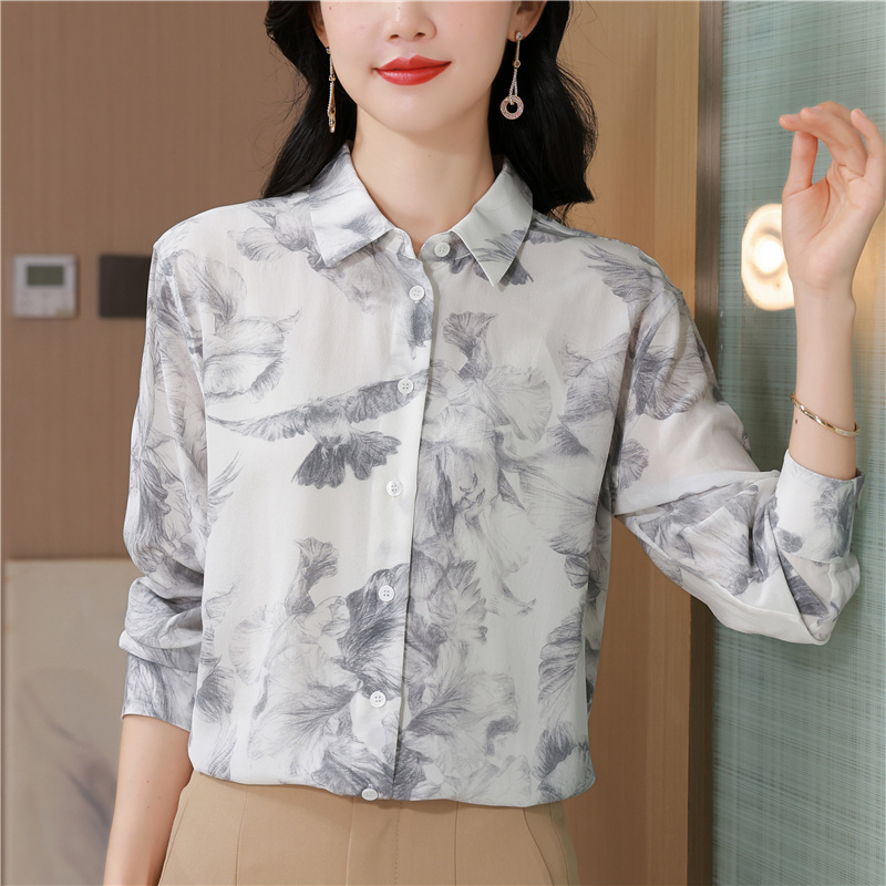 Printing silk tops ink light luxury shirt for women