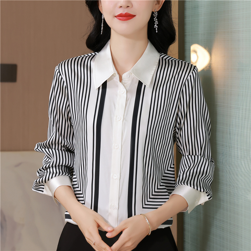 Silk stripe real silk printing France style commuting shirt