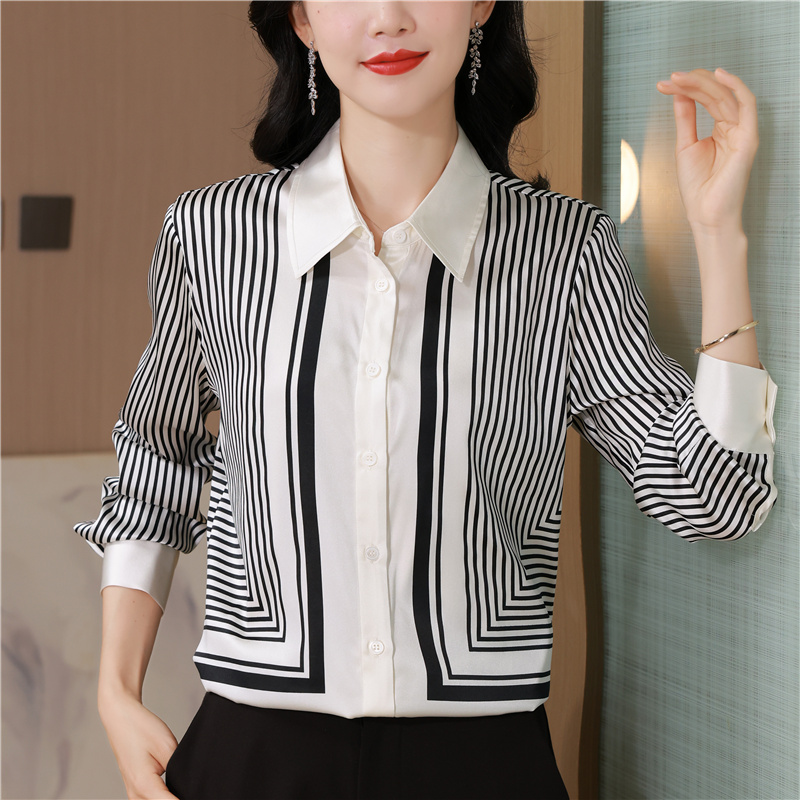 Silk stripe real silk printing France style commuting shirt