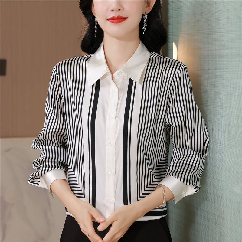 Silk stripe real silk printing France style commuting shirt