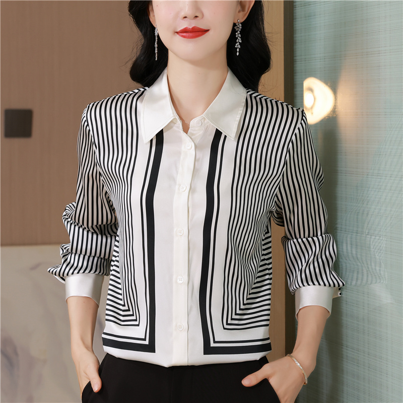 Silk stripe real silk printing France style commuting shirt