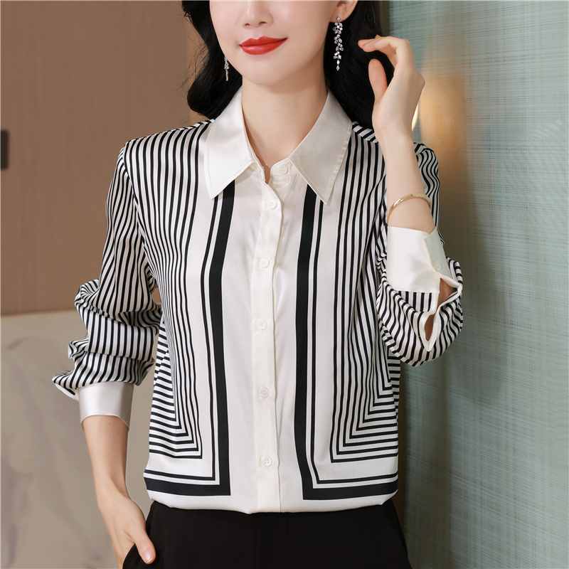 Silk stripe real silk printing France style commuting shirt