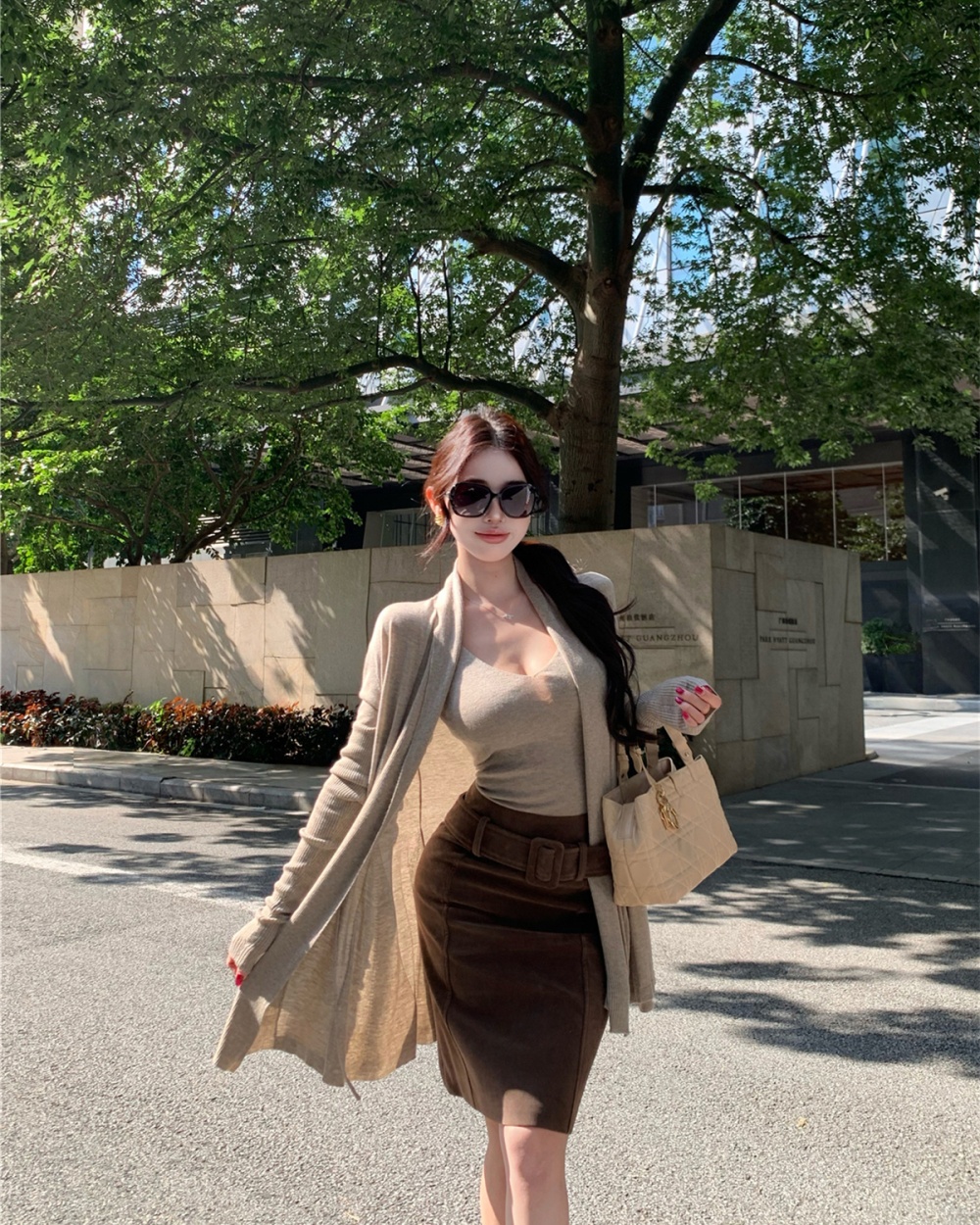 Slim loose cardigan suede retro skirt 3pcs set for women