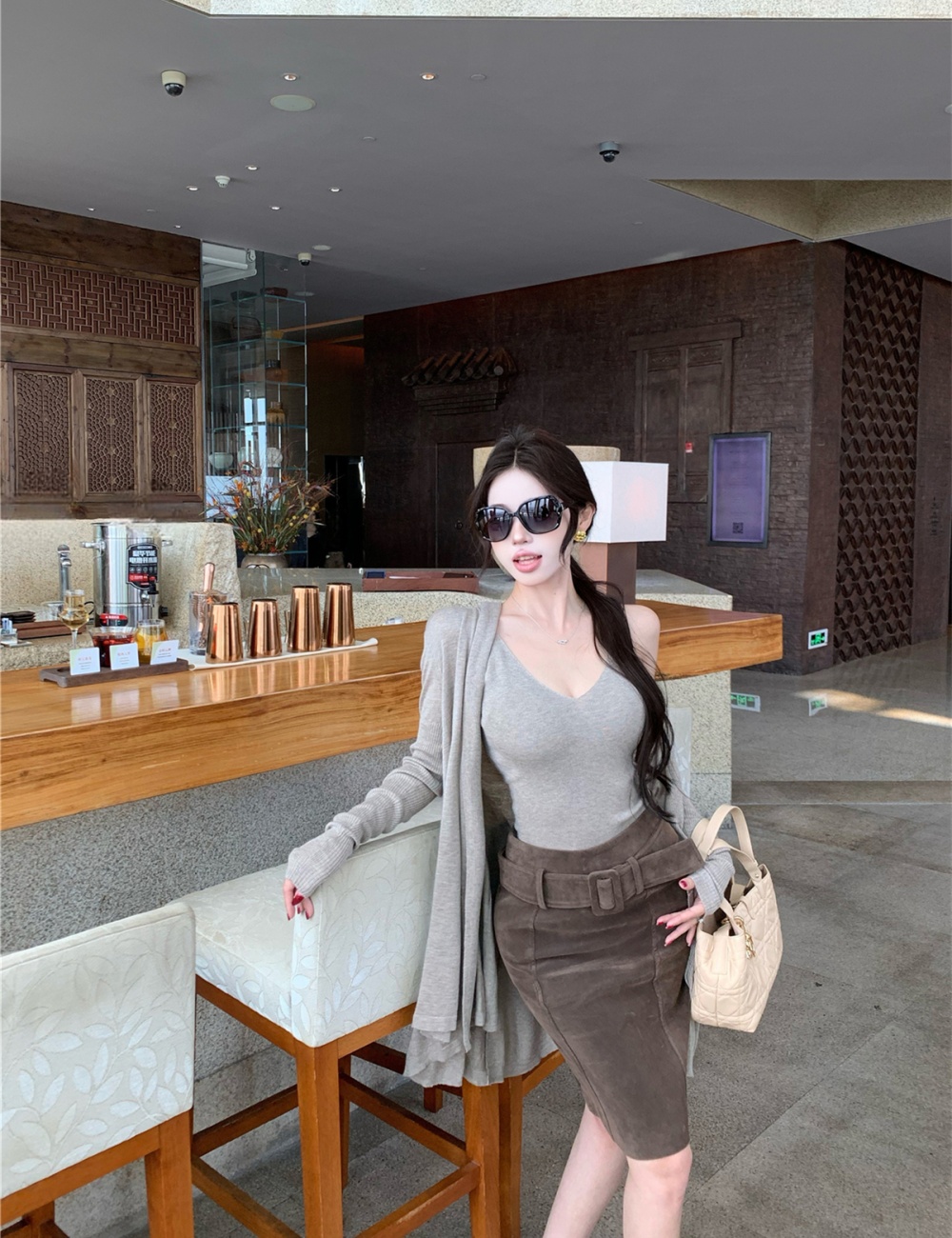 Slim loose cardigan suede retro skirt 3pcs set for women