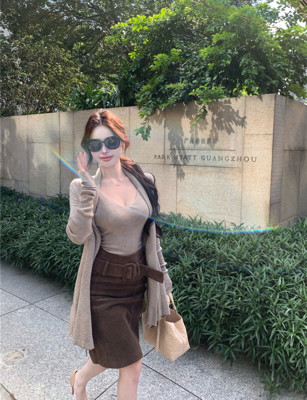 Slim loose cardigan suede retro skirt 3pcs set for women