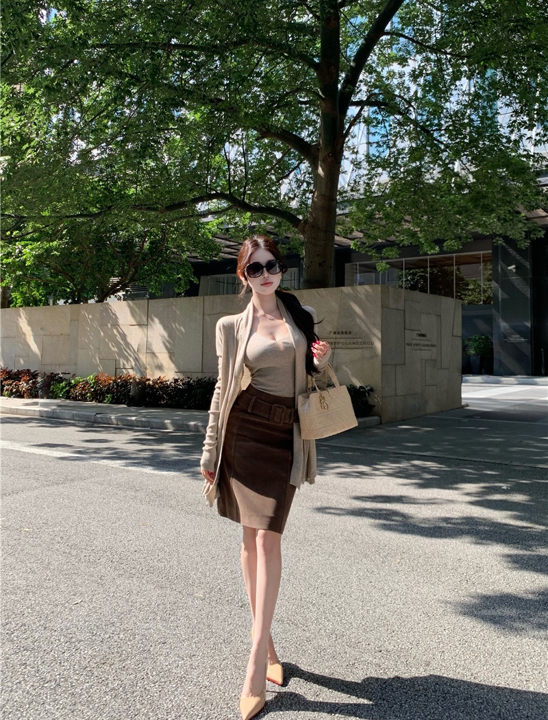 Slim loose cardigan suede retro skirt 3pcs set for women