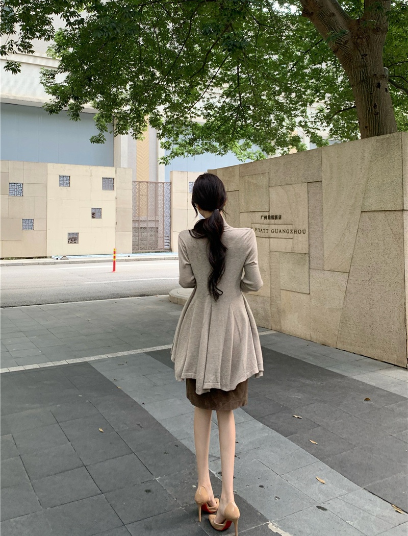 Slim loose cardigan suede retro skirt 3pcs set for women