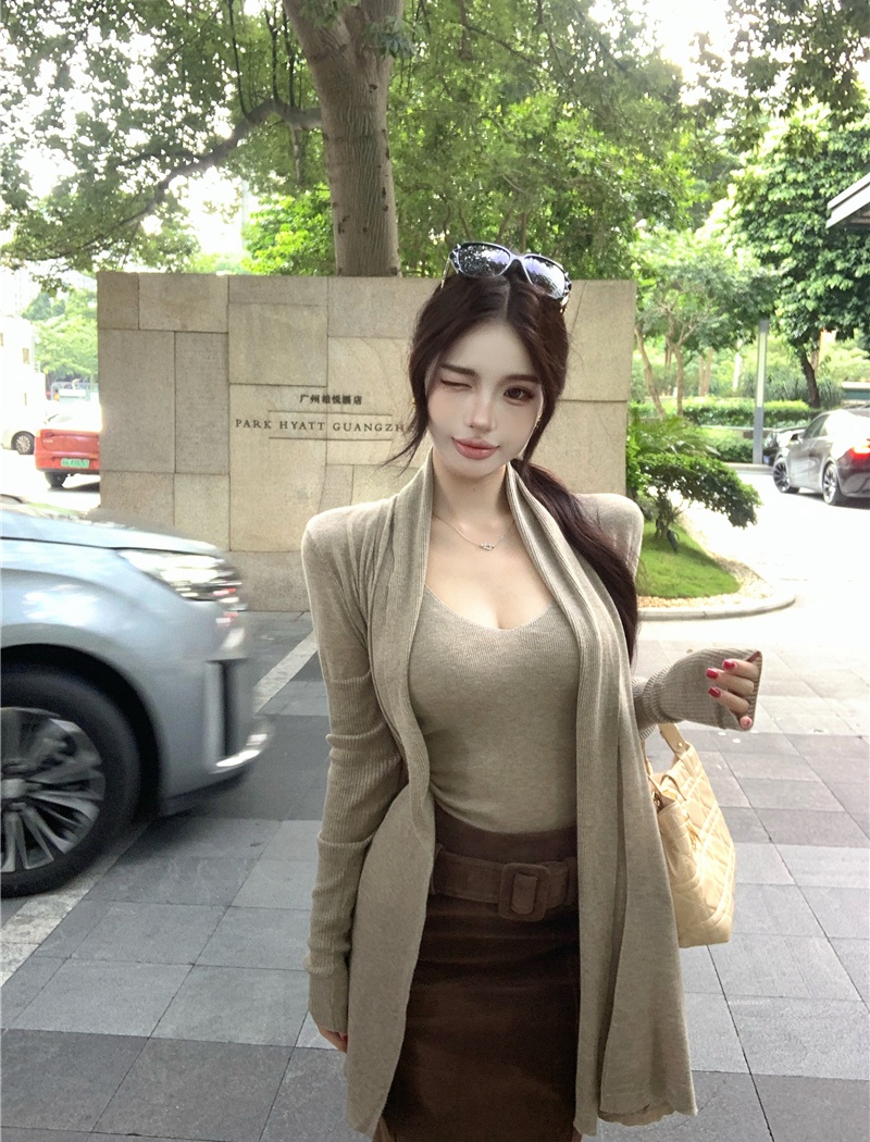 Slim loose cardigan suede retro skirt 3pcs set for women