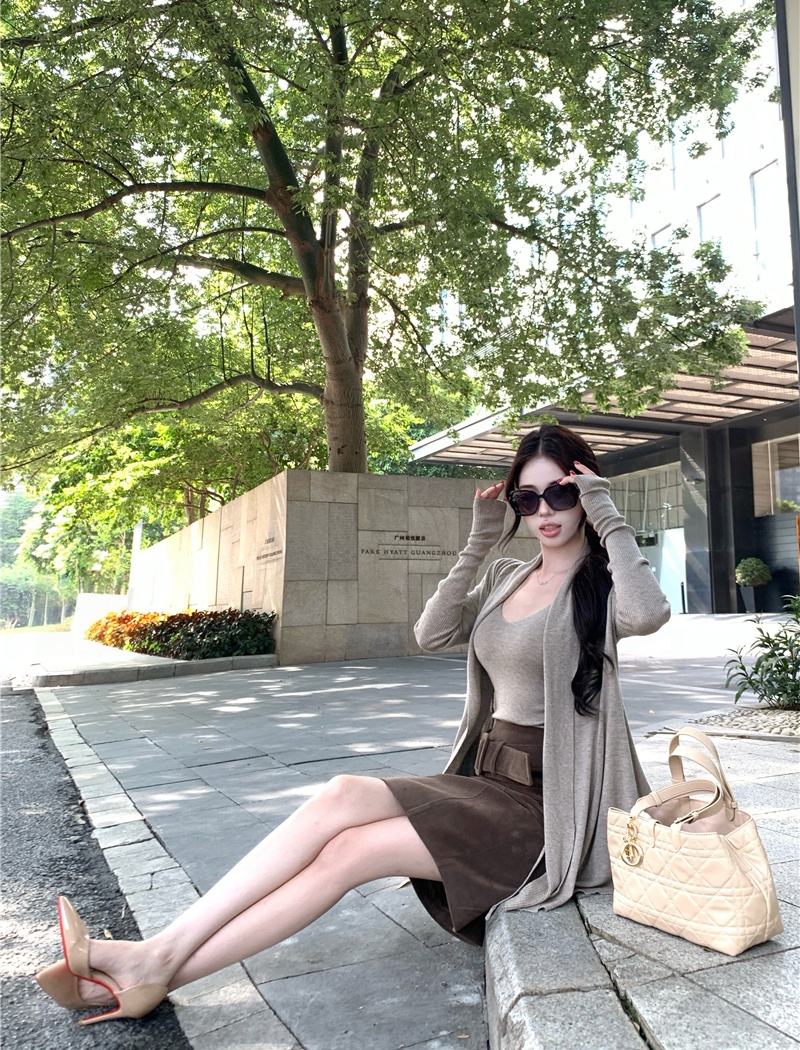 Slim loose cardigan suede retro skirt 3pcs set for women