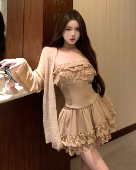 Cake lace cardigan knitted short skirt 3pcs set for women
