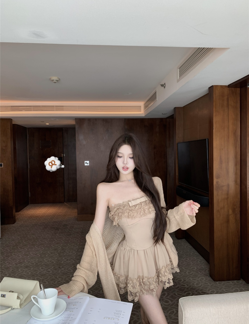 Cake lace cardigan knitted short skirt 3pcs set for women