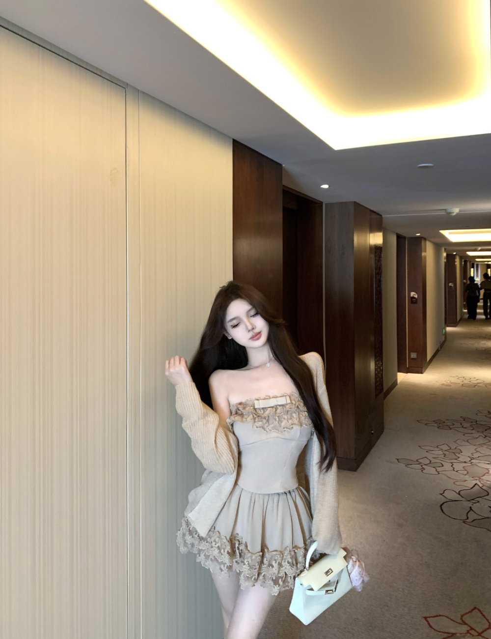 Cake lace cardigan knitted short skirt 3pcs set for women