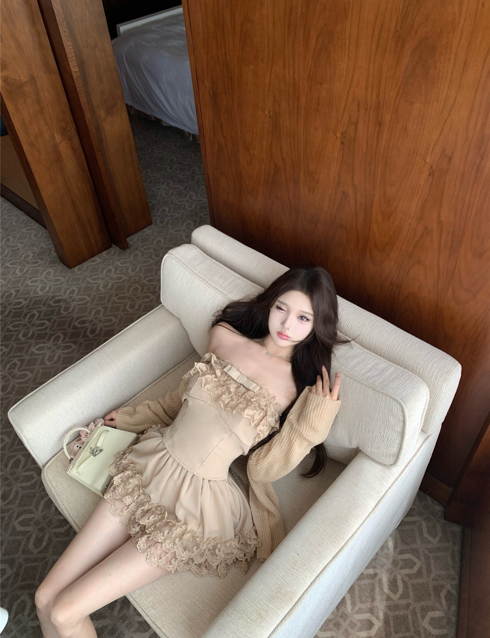 Cake lace cardigan knitted short skirt 3pcs set for women