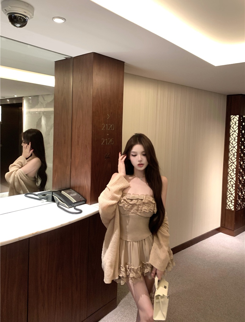 Cake lace cardigan knitted short skirt 3pcs set for women