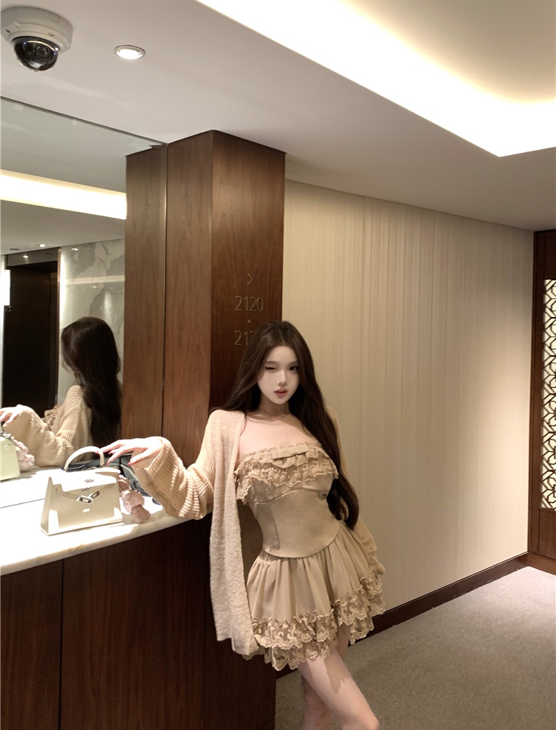 Cake lace cardigan knitted short skirt 3pcs set for women