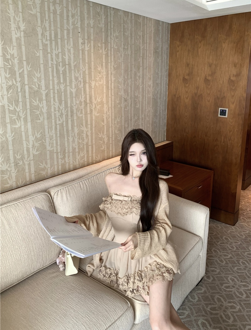 Cake lace cardigan knitted short skirt 3pcs set for women