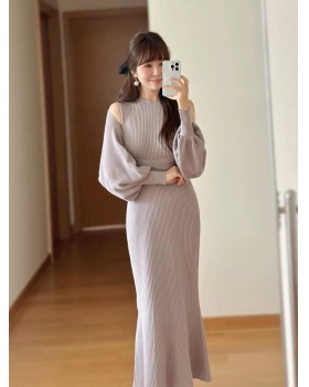 Rib enticement cherry temperament knitted slim dress 2pcs set