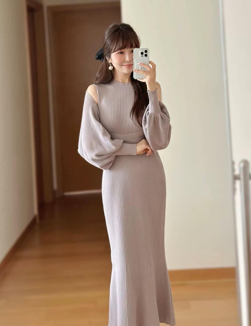 Rib enticement cherry temperament knitted slim dress 2pcs set