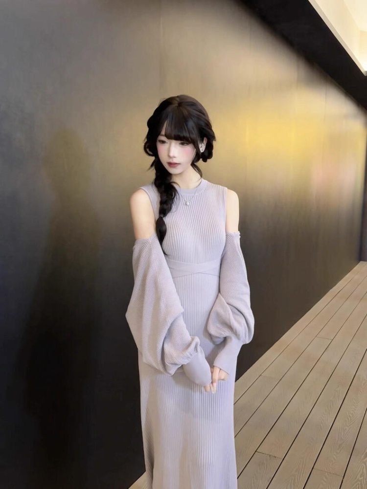 Rib enticement cherry temperament knitted slim dress 2pcs set