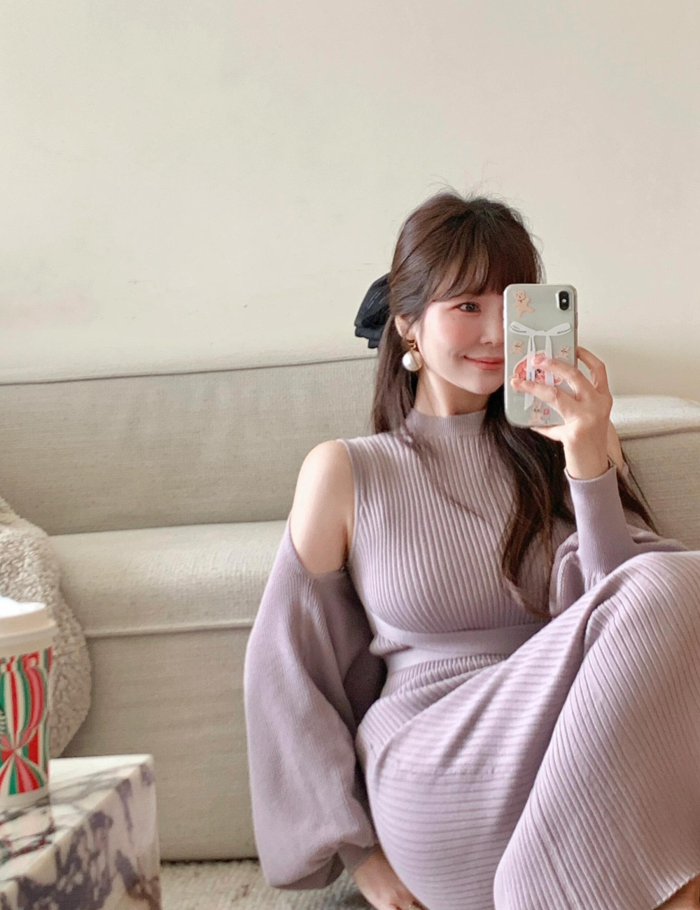 Rib enticement cherry temperament knitted slim dress 2pcs set