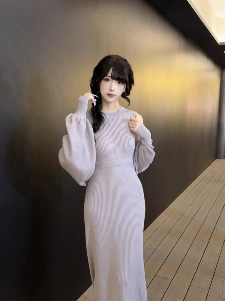 Rib enticement cherry temperament knitted slim dress 2pcs set