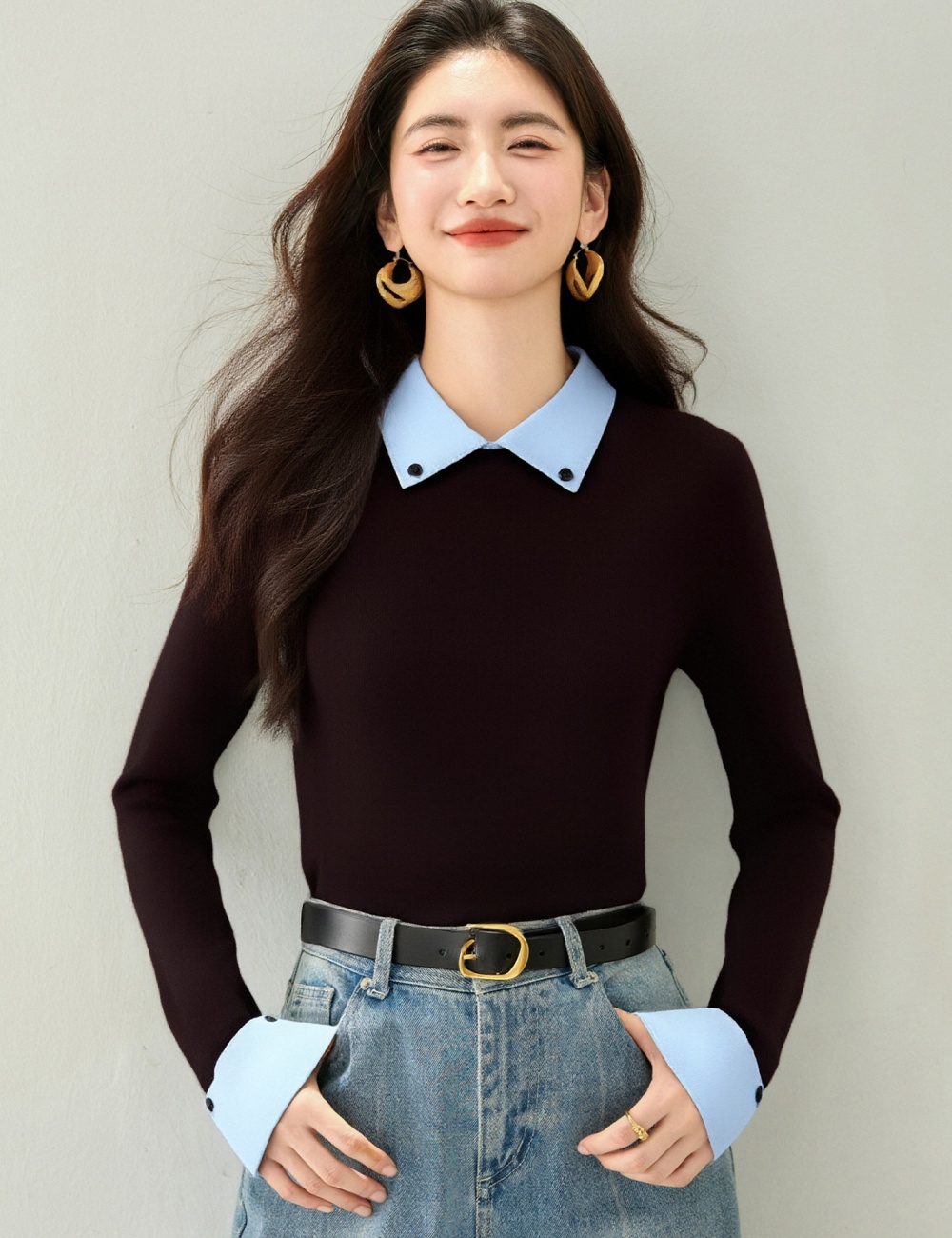 Long sleeve niche slim Pseudo-two college style sweater