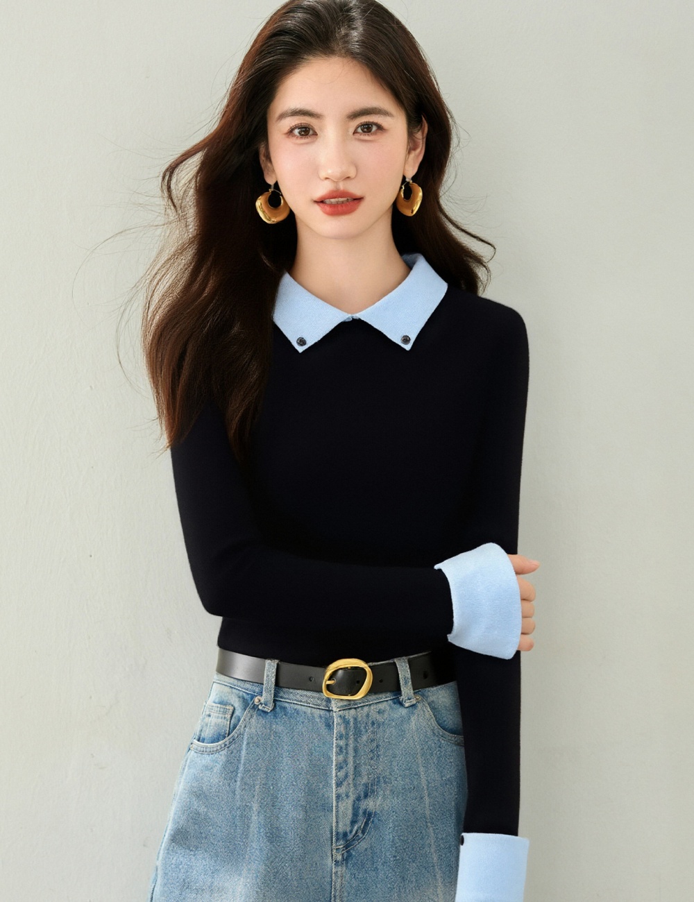 Long sleeve niche slim Pseudo-two college style sweater