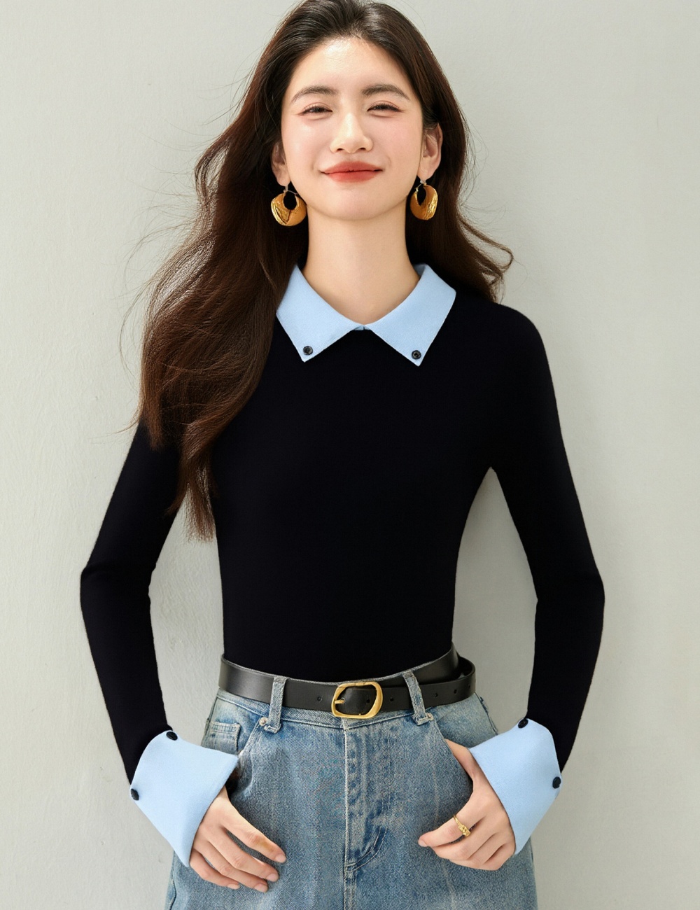Long sleeve niche slim Pseudo-two college style sweater