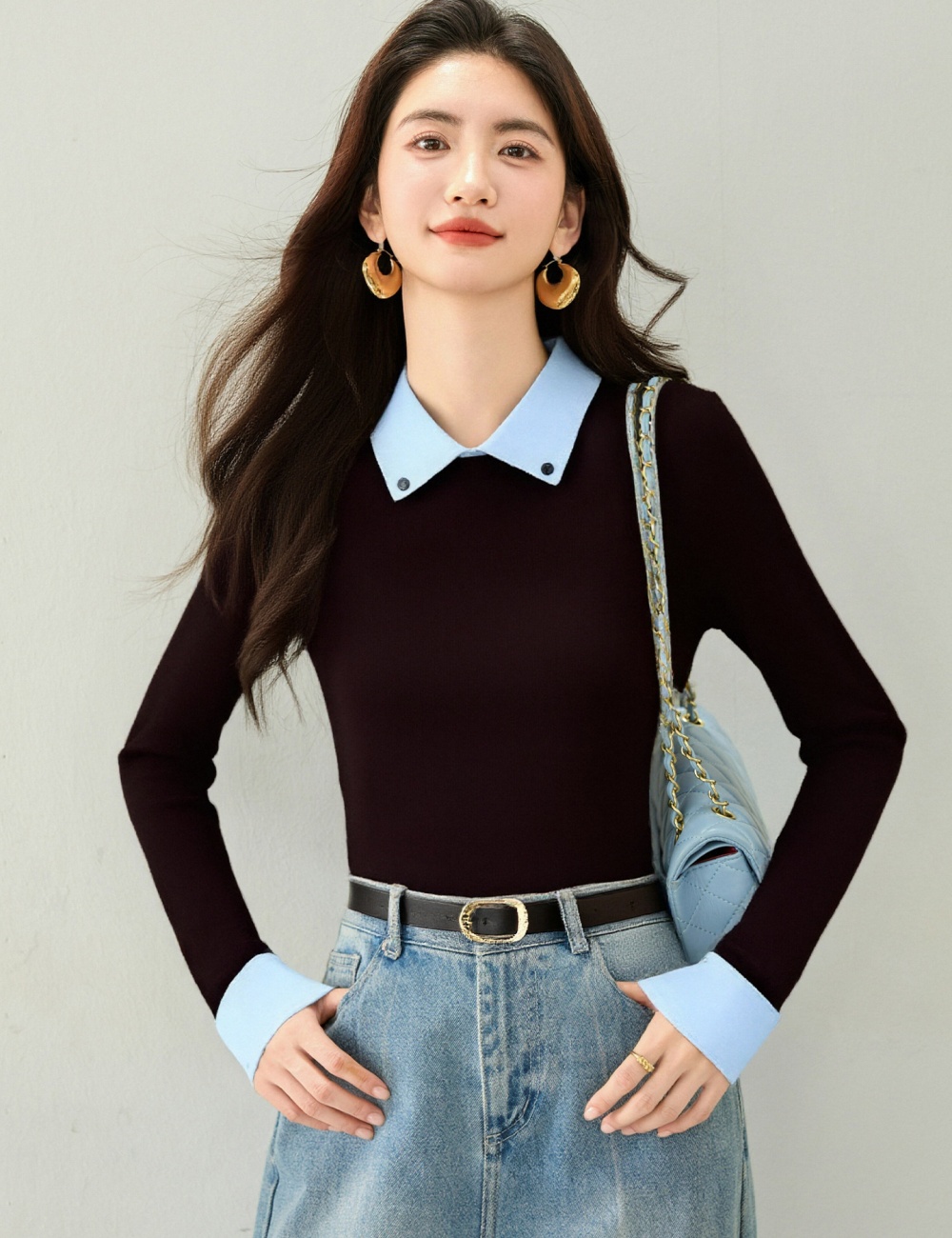 Long sleeve niche slim Pseudo-two college style sweater