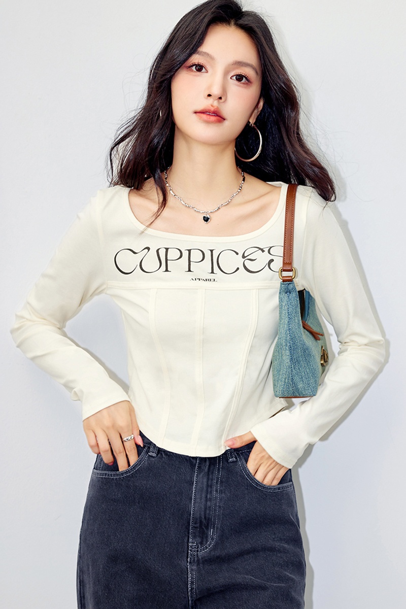 American style slim tops round neck T-shirt for women