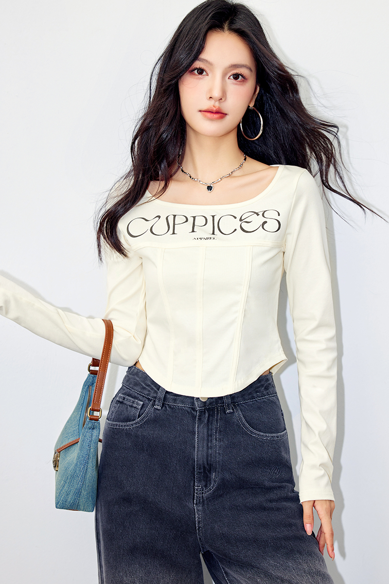 American style slim tops round neck T-shirt for women
