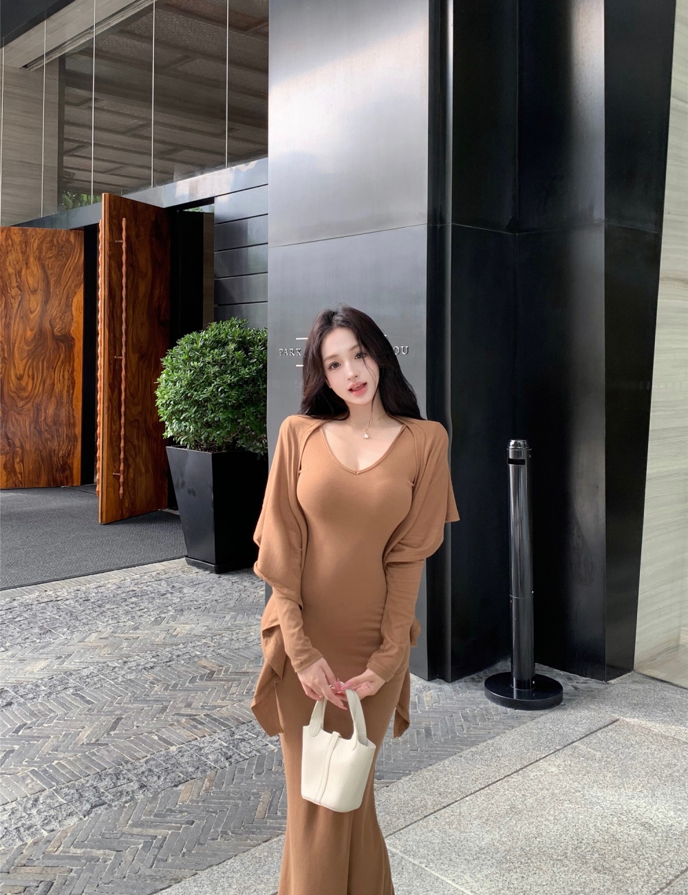 Mermaid slim dress enticement knitted long dress 2pcs set