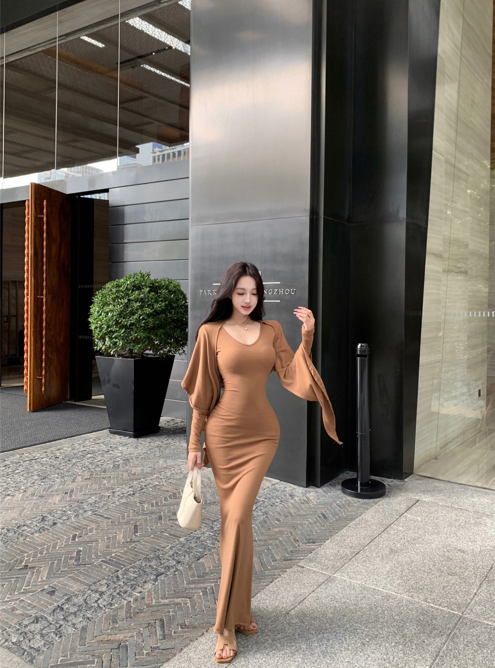 Mermaid slim dress enticement knitted long dress 2pcs set