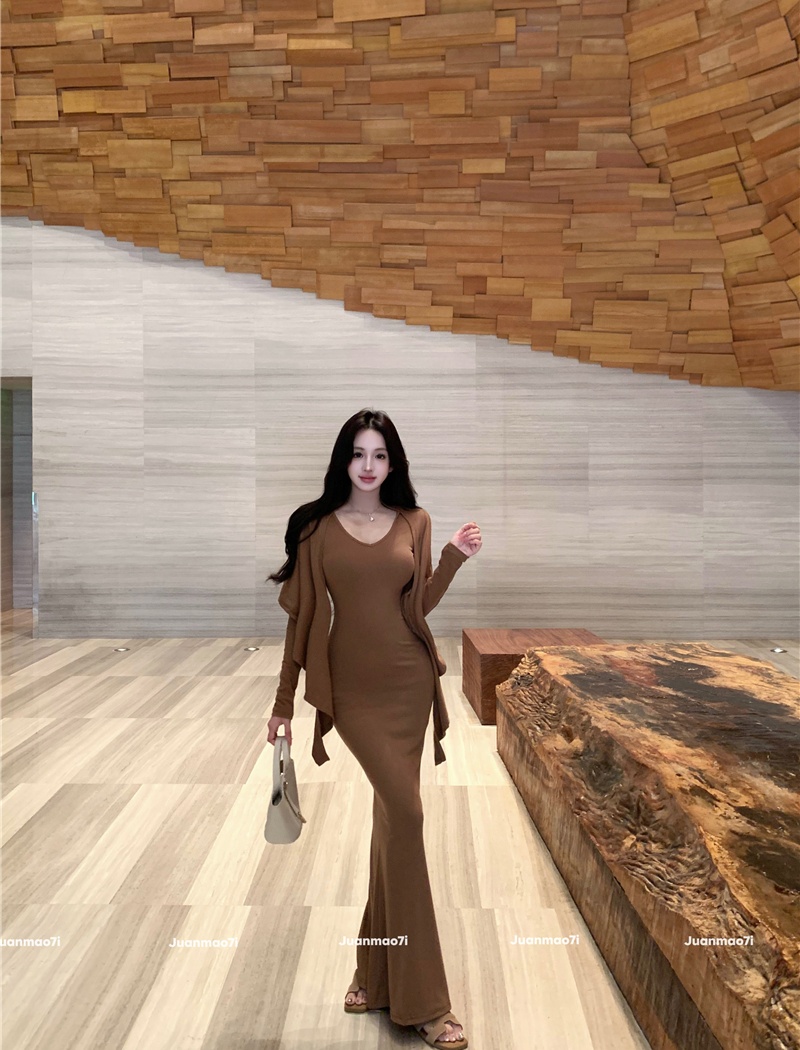 Mermaid slim dress enticement knitted long dress 2pcs set