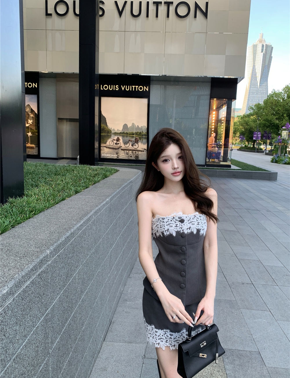 Temperament tops wrapped chest skirt 2pcs set for women