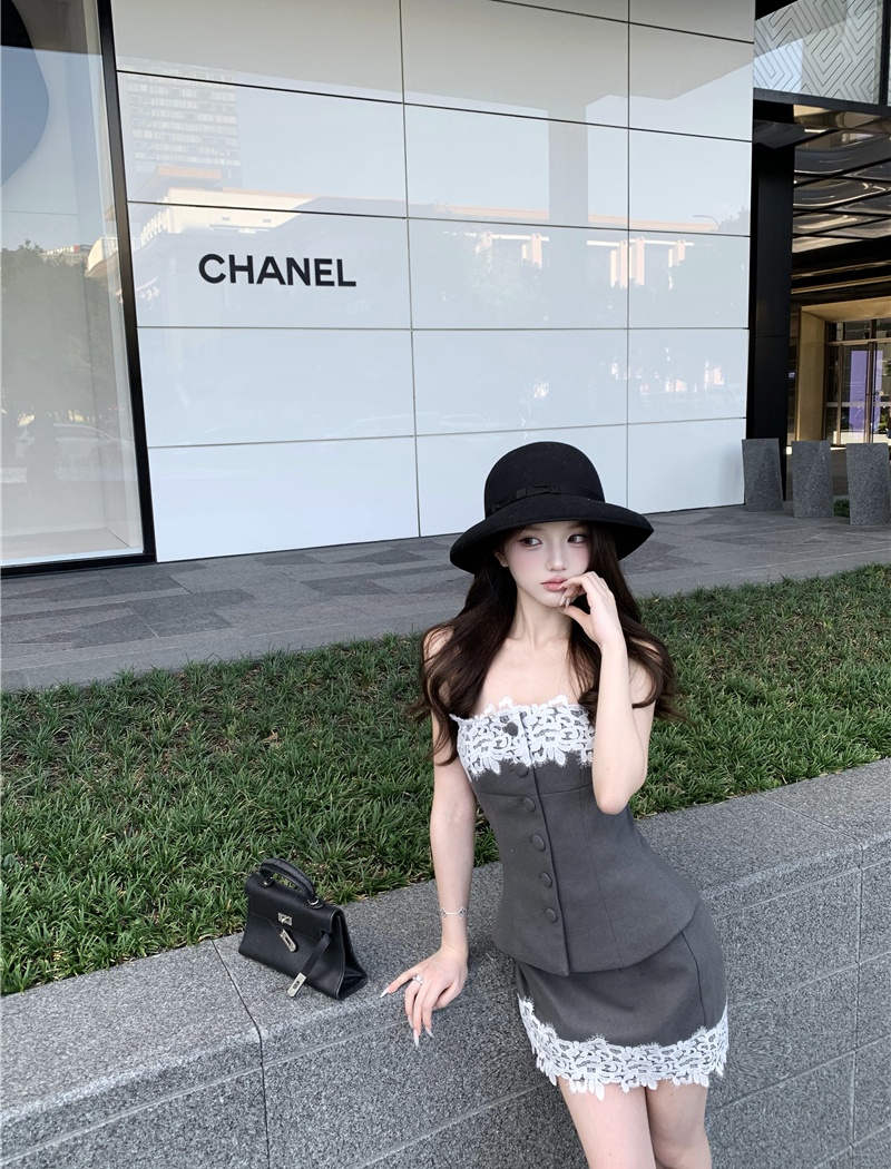 Temperament tops wrapped chest skirt 2pcs set for women