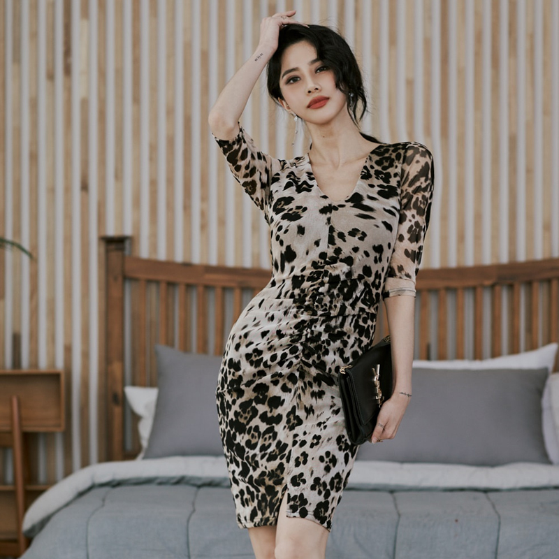 Sexy leopard Korean style T-back V-neck hip dress