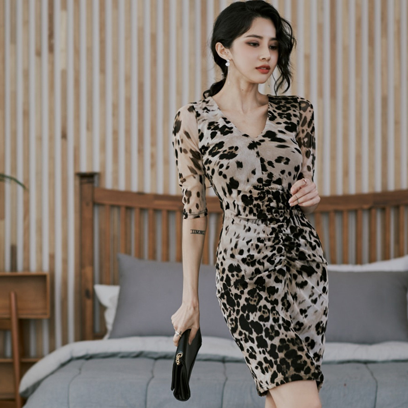 Sexy leopard Korean style T-back V-neck hip dress