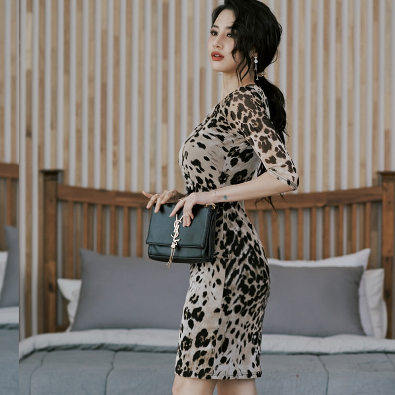 Sexy leopard Korean style T-back V-neck hip dress