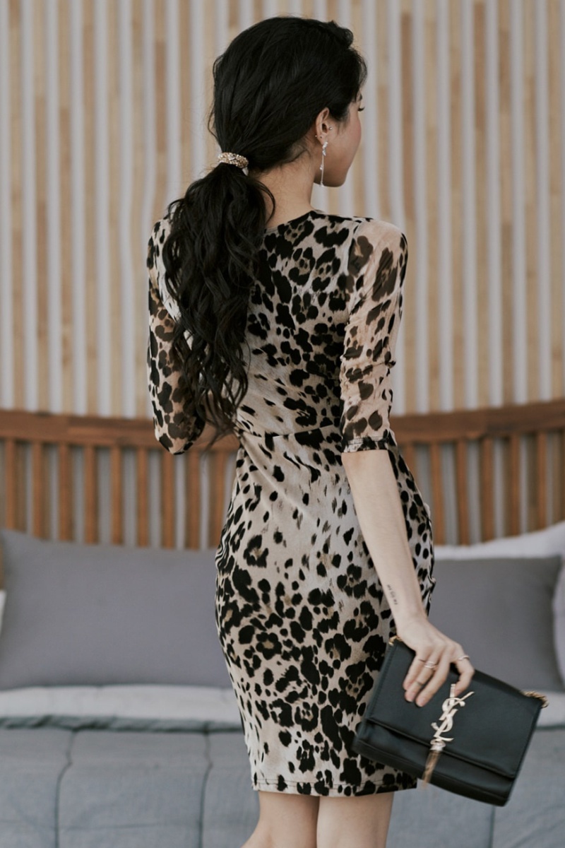 Sexy leopard Korean style T-back V-neck hip dress