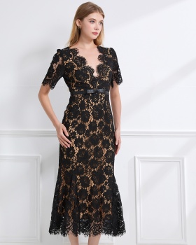 Lace package hip girl high waist bow short sleeve sexy dress