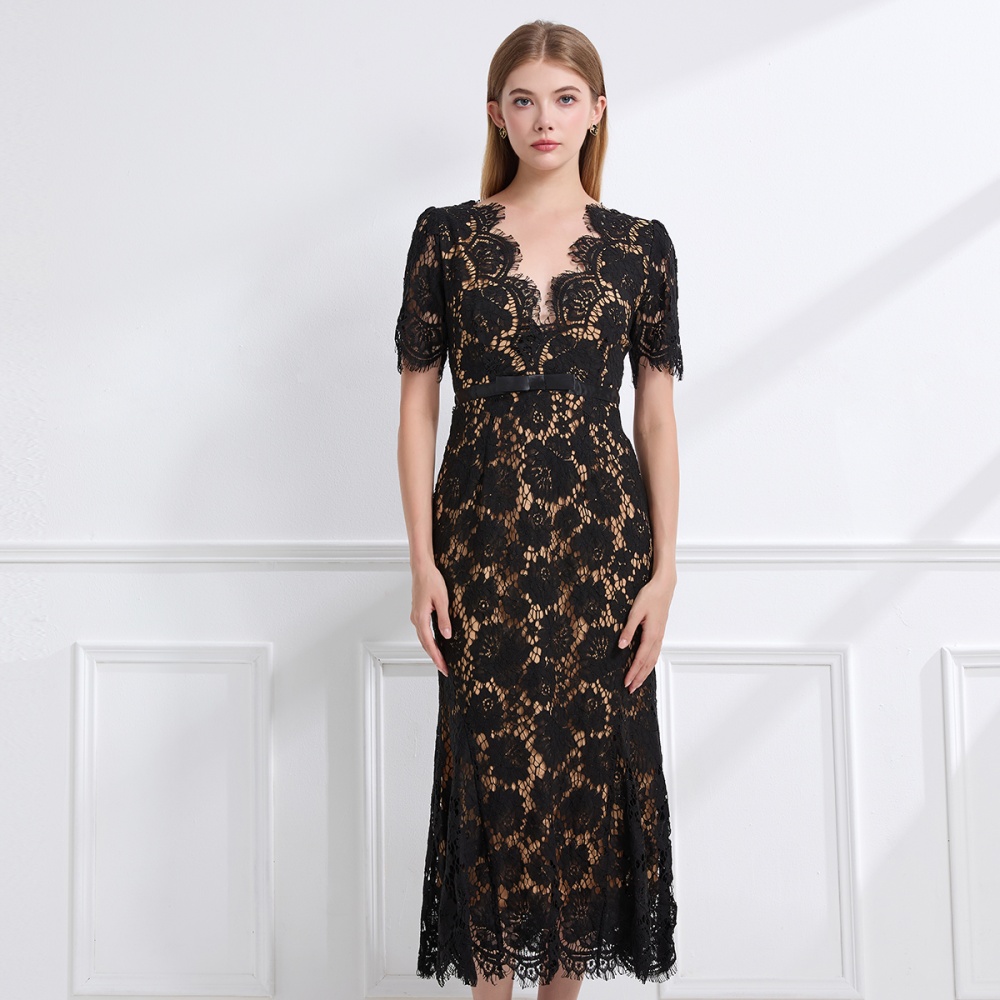 Lace package hip girl high waist bow short sleeve sexy dress