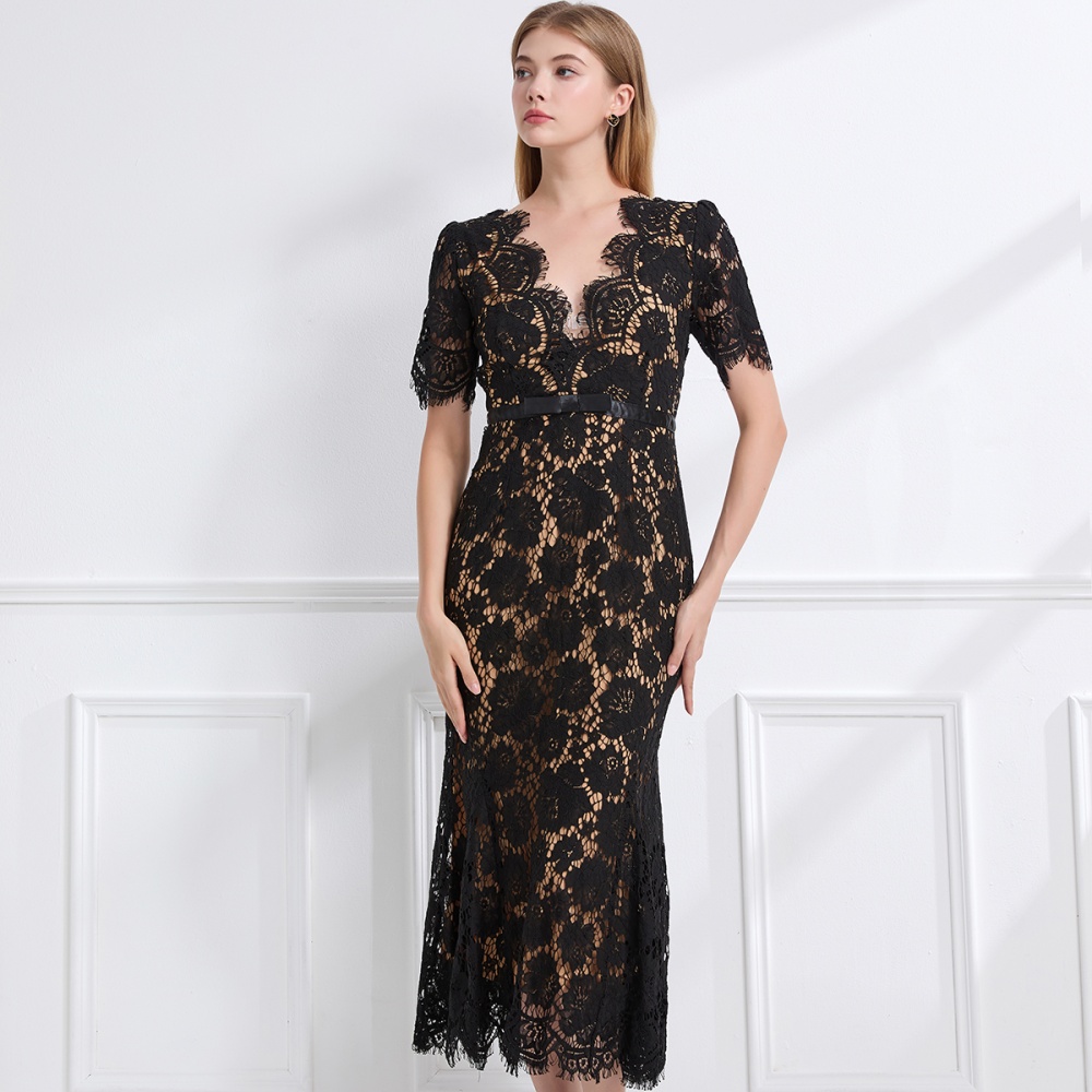 Lace package hip girl high waist bow short sleeve sexy dress