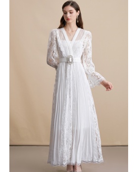 Temperament with belt pinched waist lace slim dress