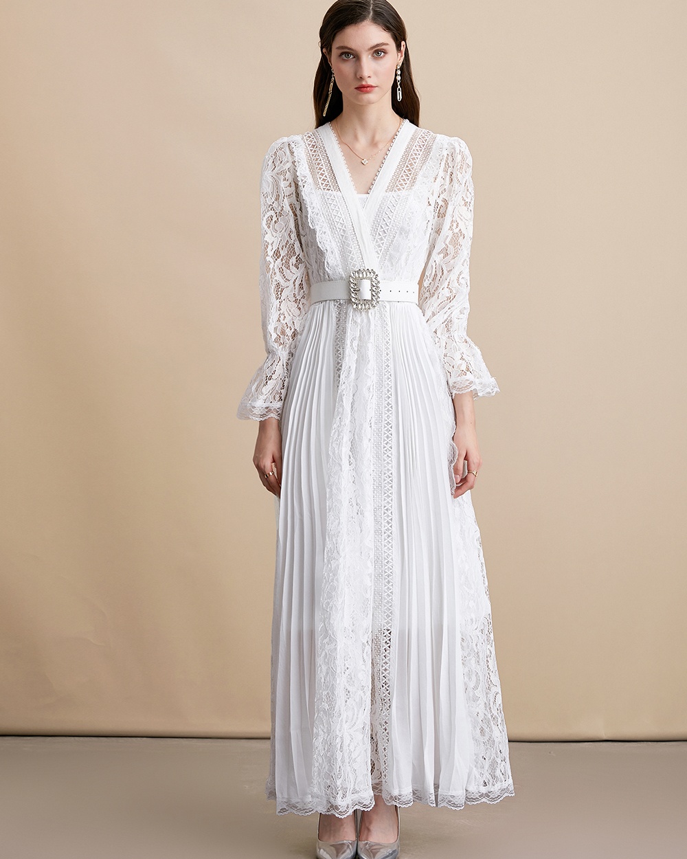 Temperament with belt pinched waist lace slim dress