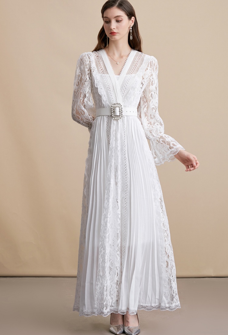 Temperament with belt pinched waist lace slim dress
